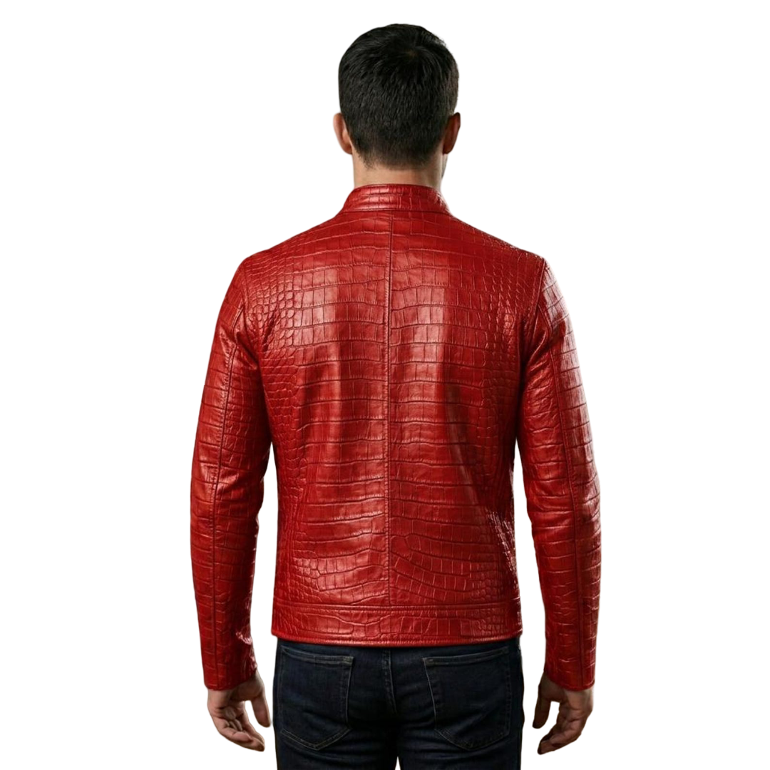 Back view of men red crocodile leather biker jacket