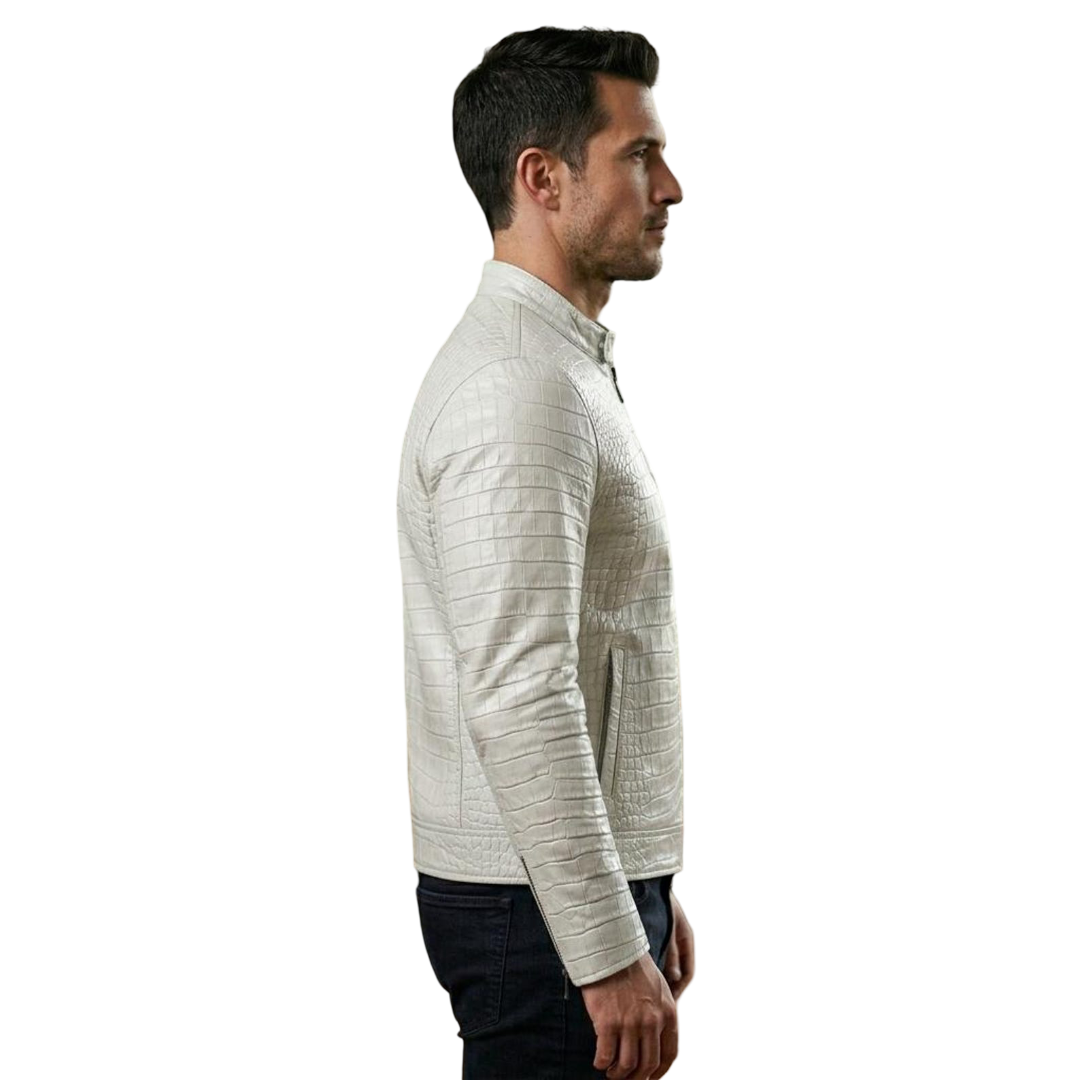 Side angle of luxury white croc leather biker jacket for men