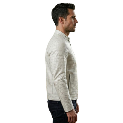 Side angle of luxury white croc leather biker jacket for men