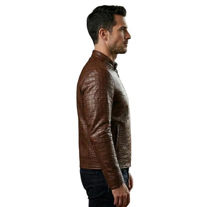  Side profile of brown crocodile leather motorcycle jacket for men