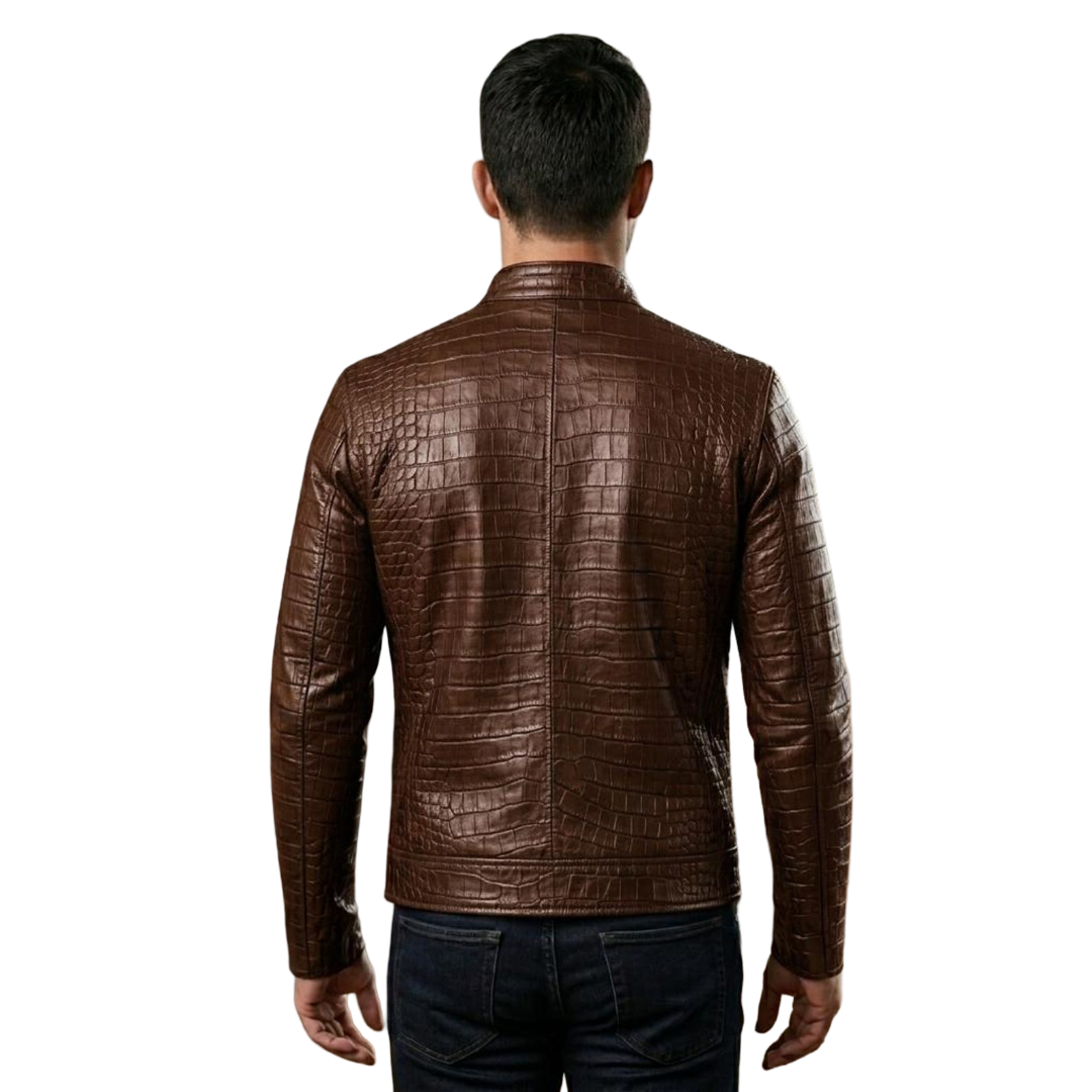 Back view of designer brown crocodile leather coat for men