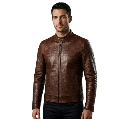  Front view of men brown crocodile leather jacket with biker style fit