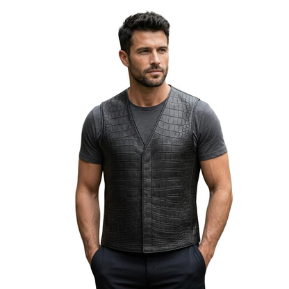  Front view of men black crocodile leather vest biker waistcoat