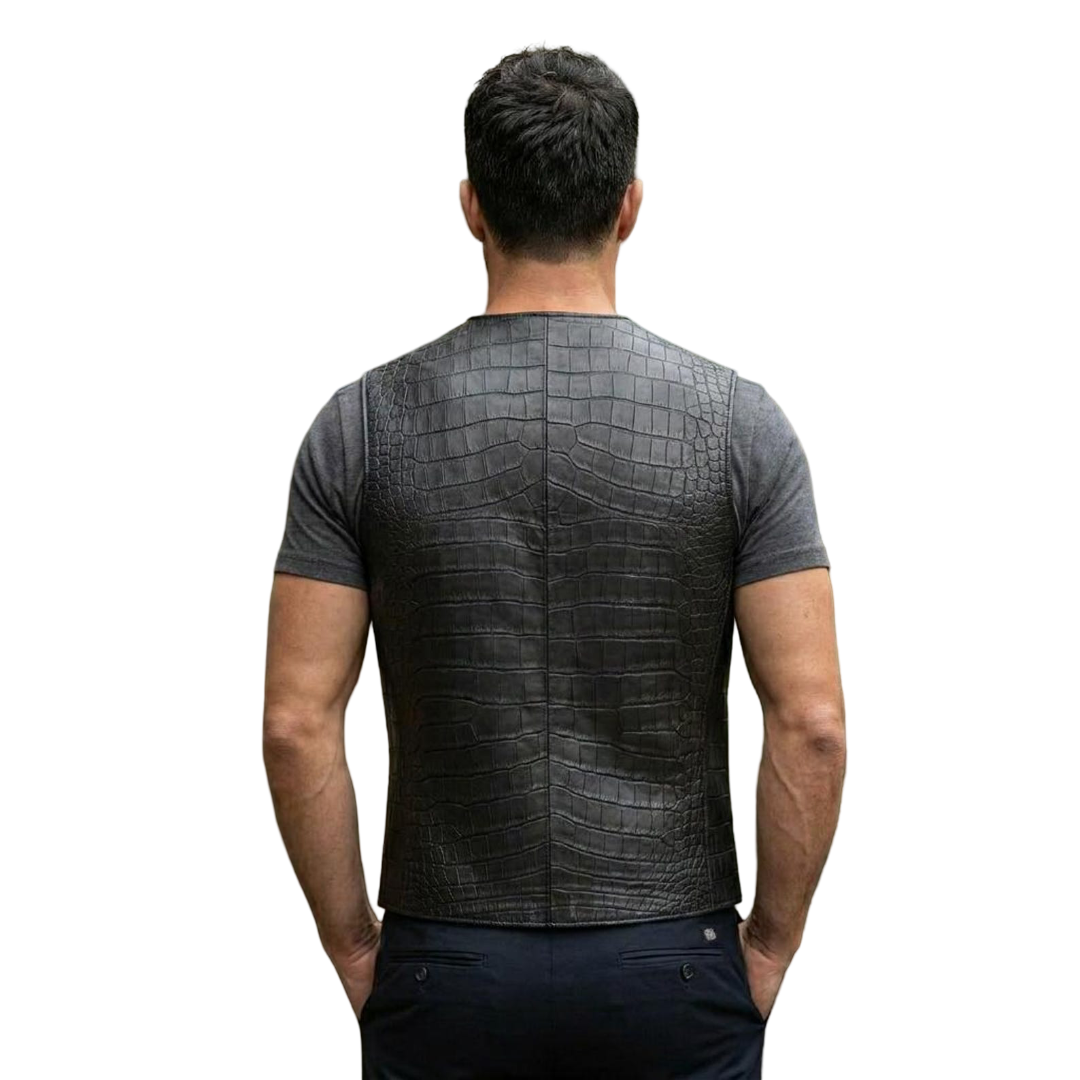  Back view of black crocodile leather biker waistcoat