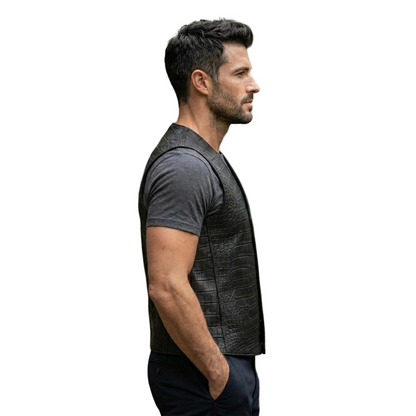 Side profile of men black crocodile leather vest for motorcycle riding