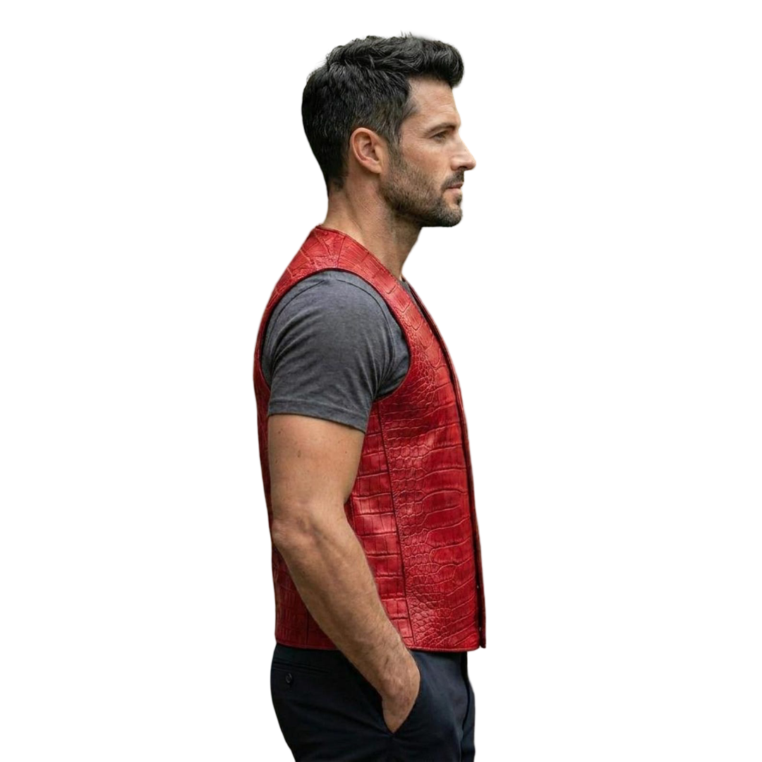 Side profile of luxury red biker leather waistcoat for men