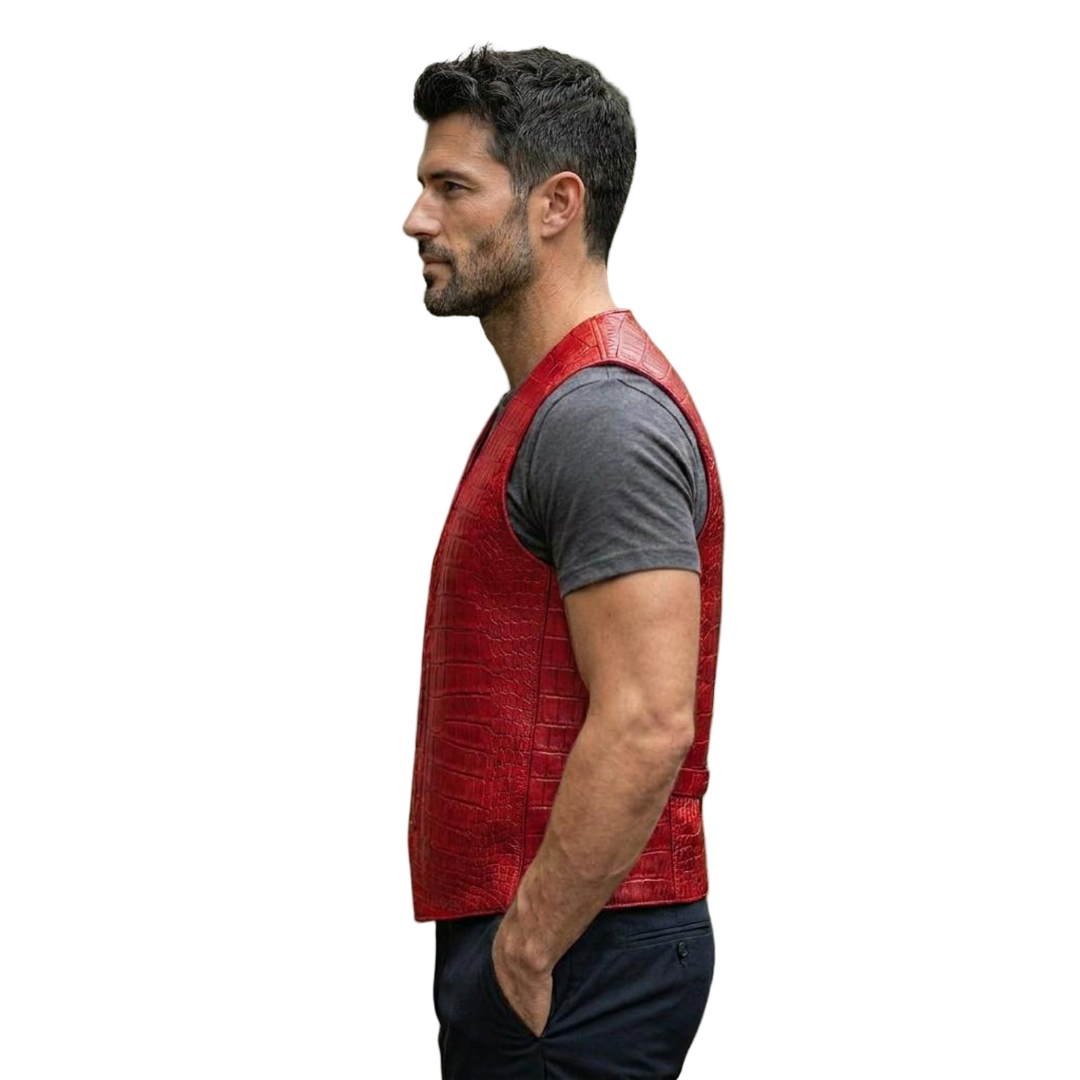 Side profile of luxury red biker leather waistcoat for men