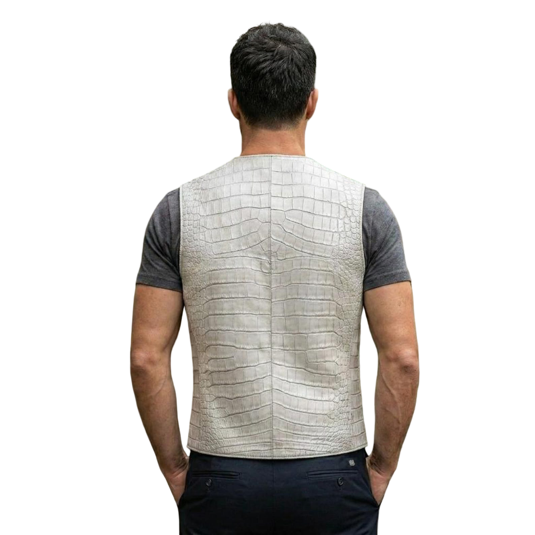 Back design of luxury white crocodile leather biker waistcoat