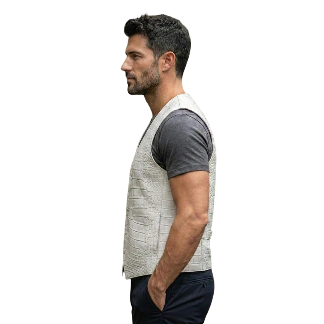  Side view of men luxury white leather waistcoat