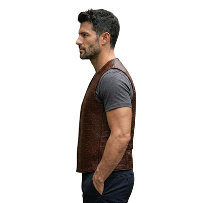 Side angle of brown luxury biker leather vest for men