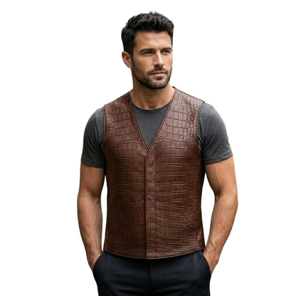  Front view of men brown crocodile leather vest with luxury biker design