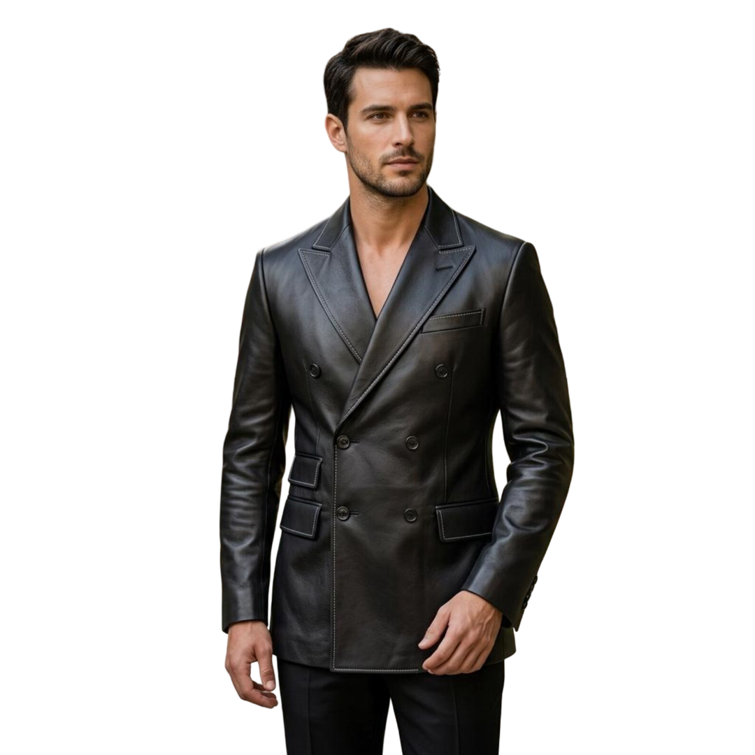 Men's premium black leather blazer front view with slim fit design