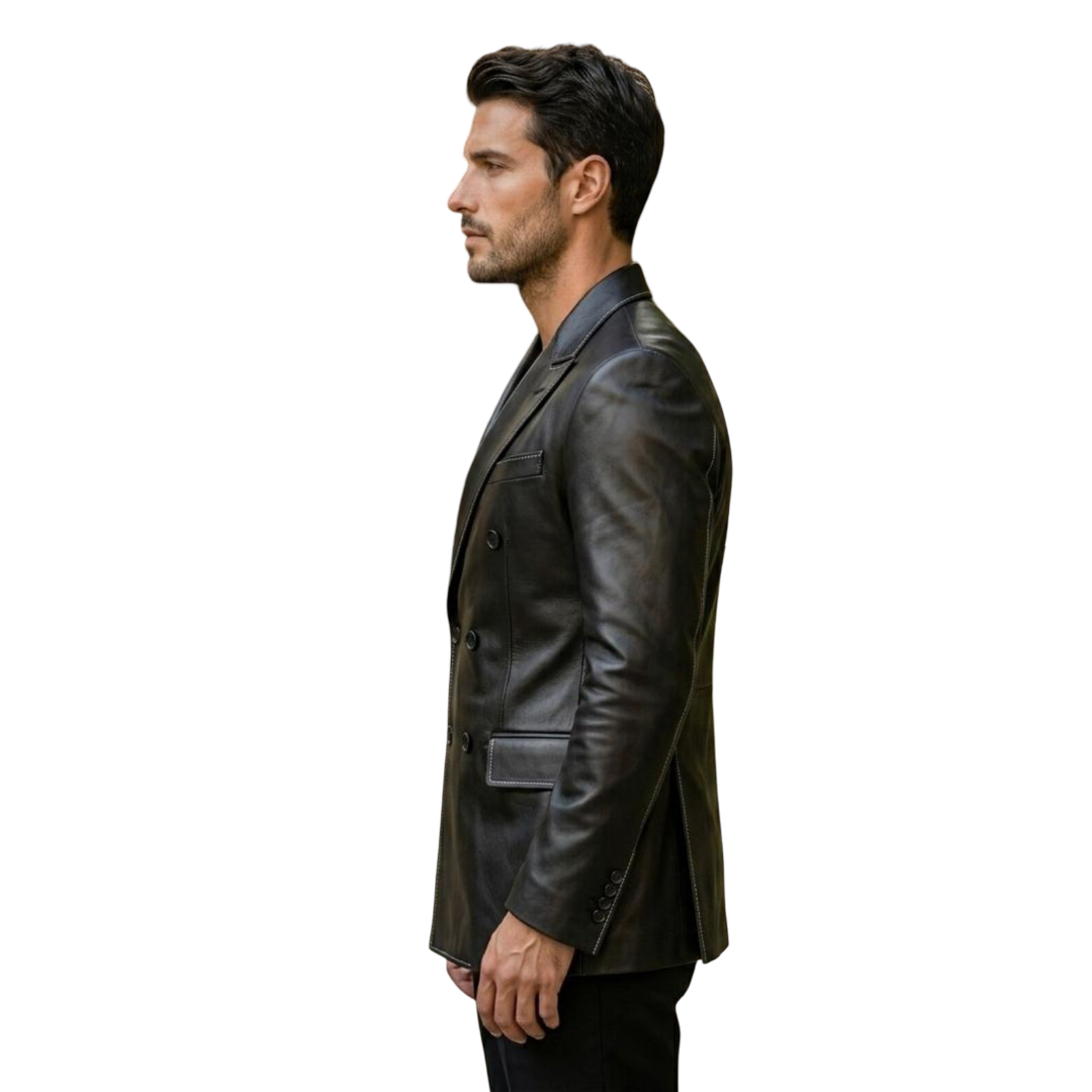 Men's leather blazer side profile showing tailored fit