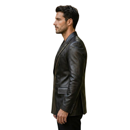 Men's leather blazer side profile showing tailored fit