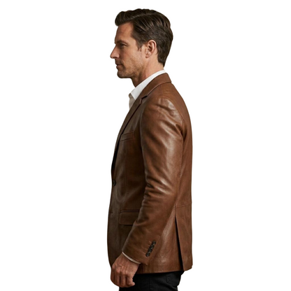 Side profile of brown leather sport coat for men in soft genuine leather