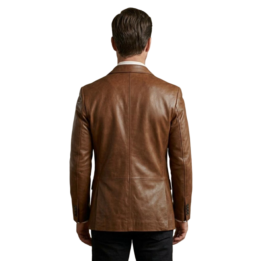 Back view of classic brown leather sport coat for men