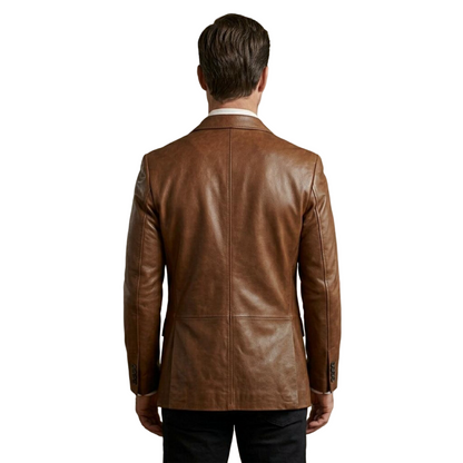 Back view of classic brown leather sport coat for men