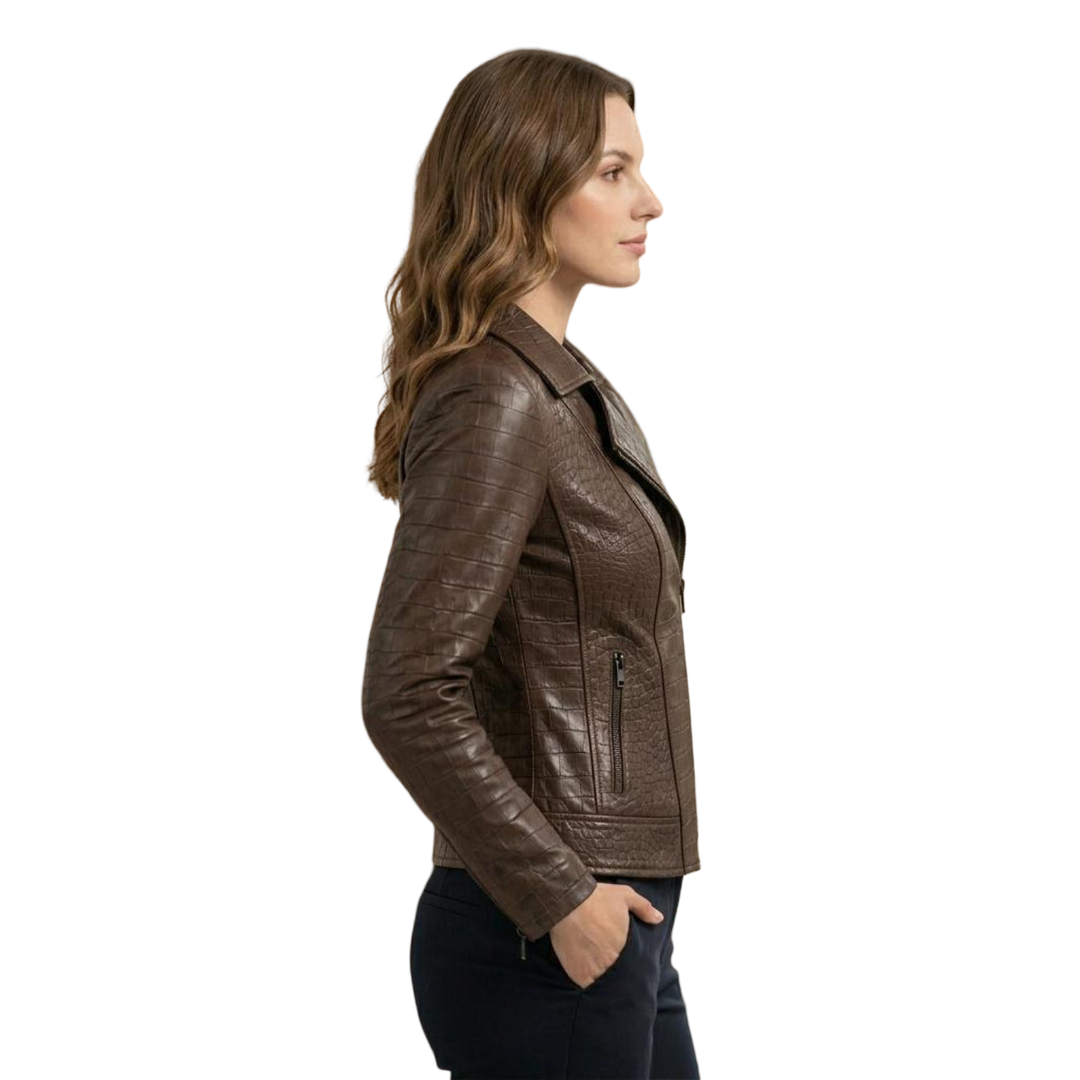 Side profile of cropped brown crocodile embossed leather moto jacket
