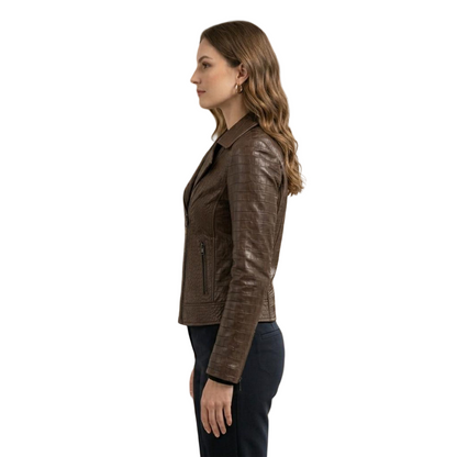 Side profile of cropped brown crocodile embossed leather moto jacket