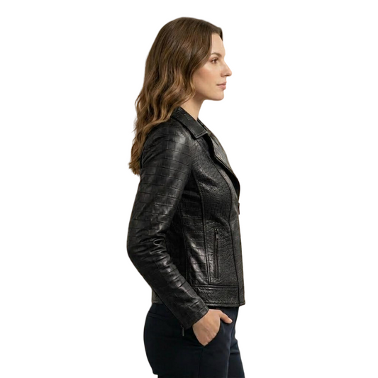 Side profile of fitted black crocodile embossed leather moto jacket for women