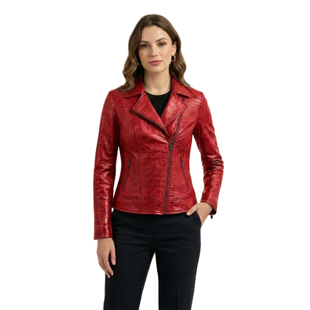 Front view of women red crocodile embossed leather moto jacket fitted biker style