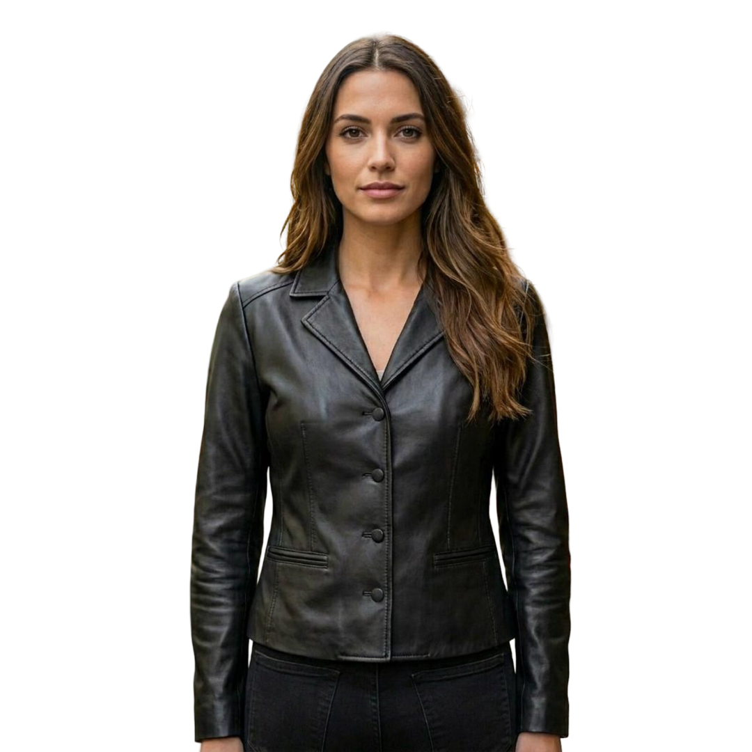 Front view of women black leather blazer jacket slim fit button up coat