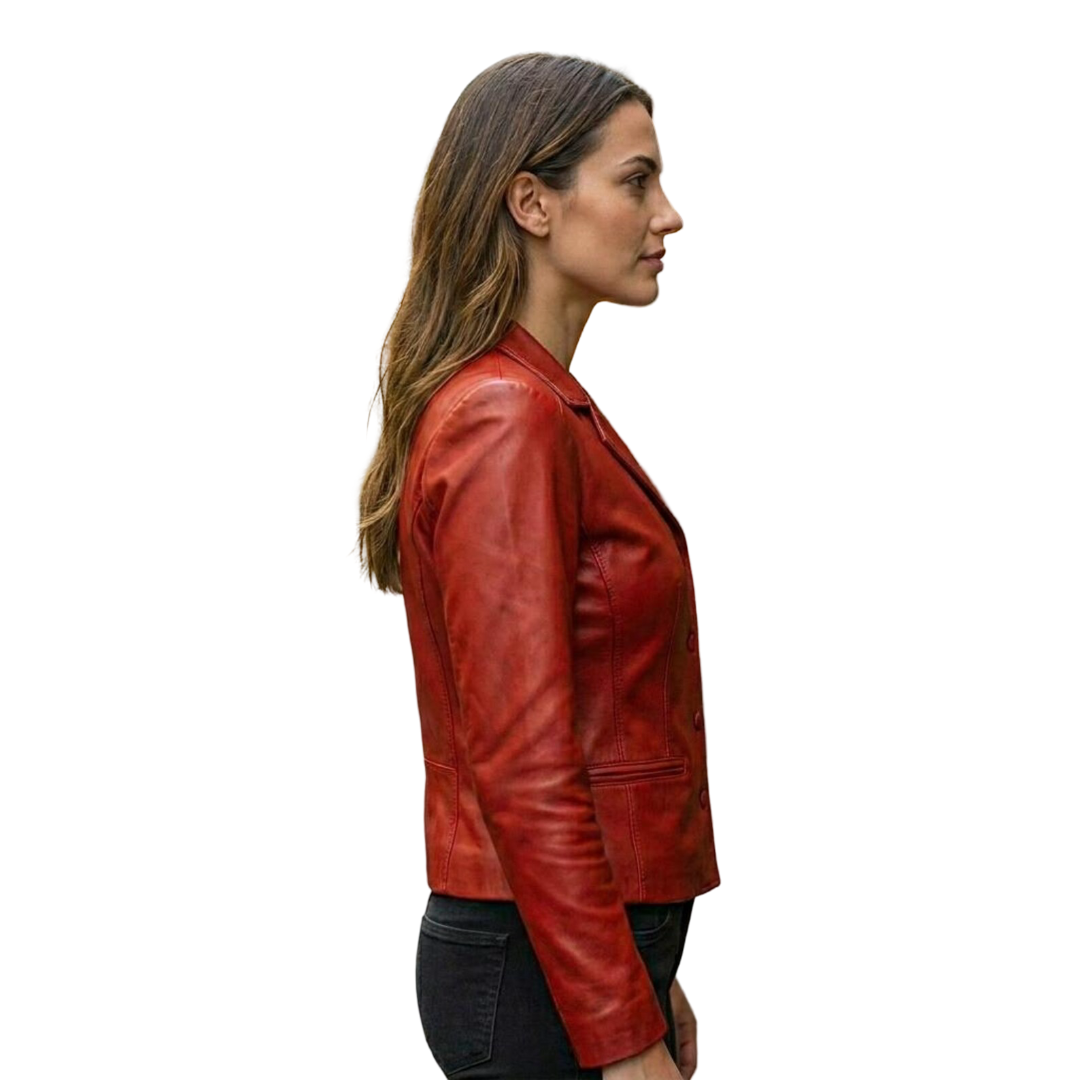 Side profile of women red leather blazer jacket tailored silhouette