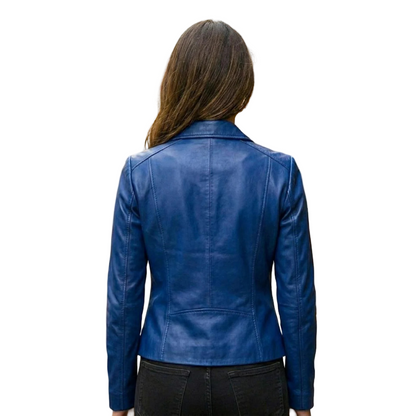Back view of elegant women blue leather blazer jacket