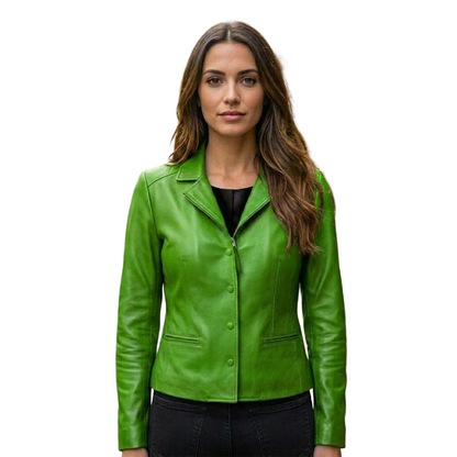 Front view of women green leather blazer jacket slim fit button up