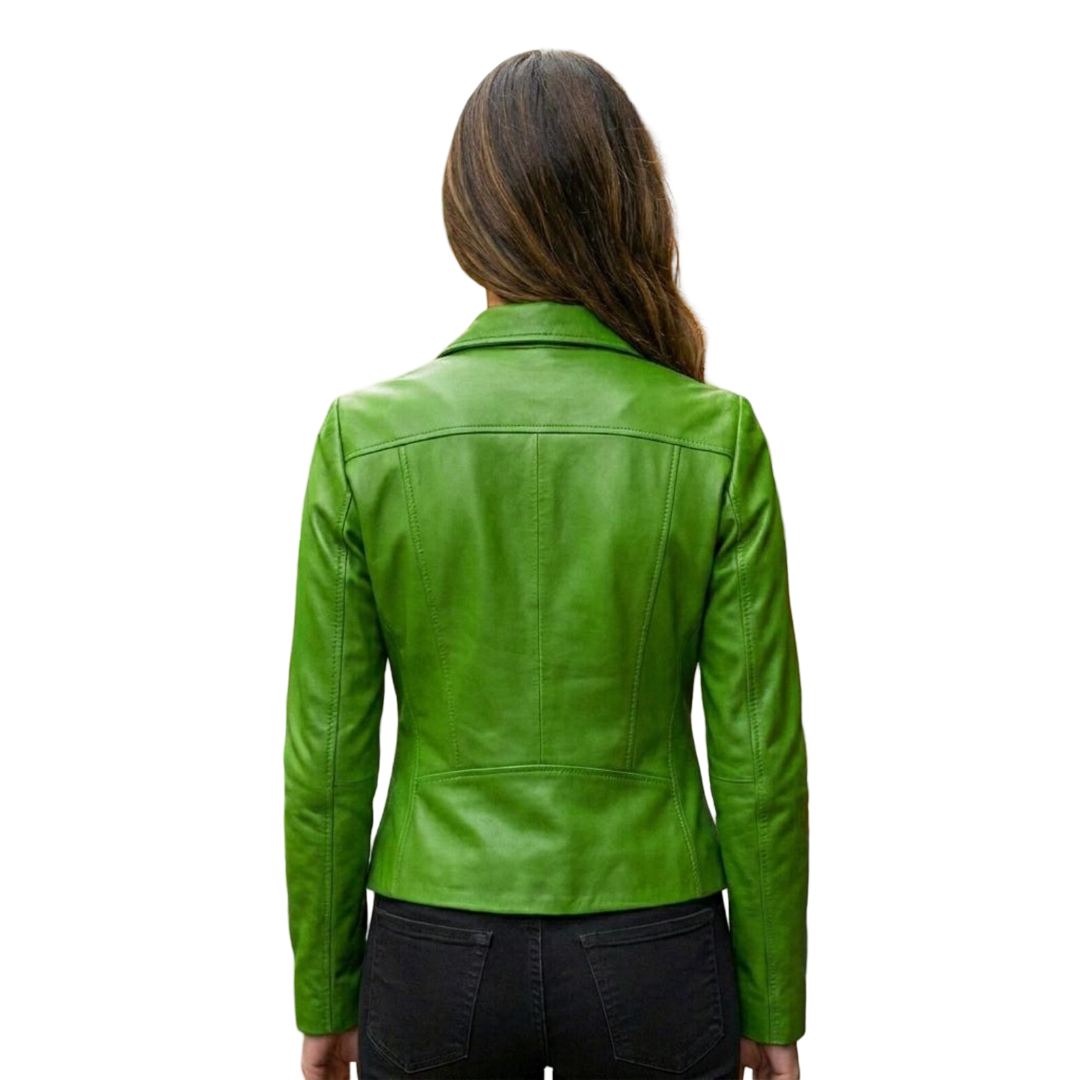  Back view of classic women green leather blazer coat