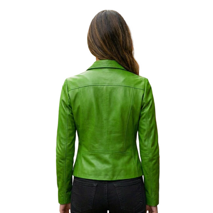  Back view of classic women green leather blazer coat