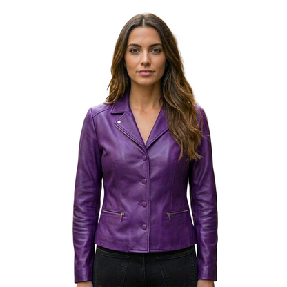  Front view of purple leather blazer jacket women slim fit button up coat