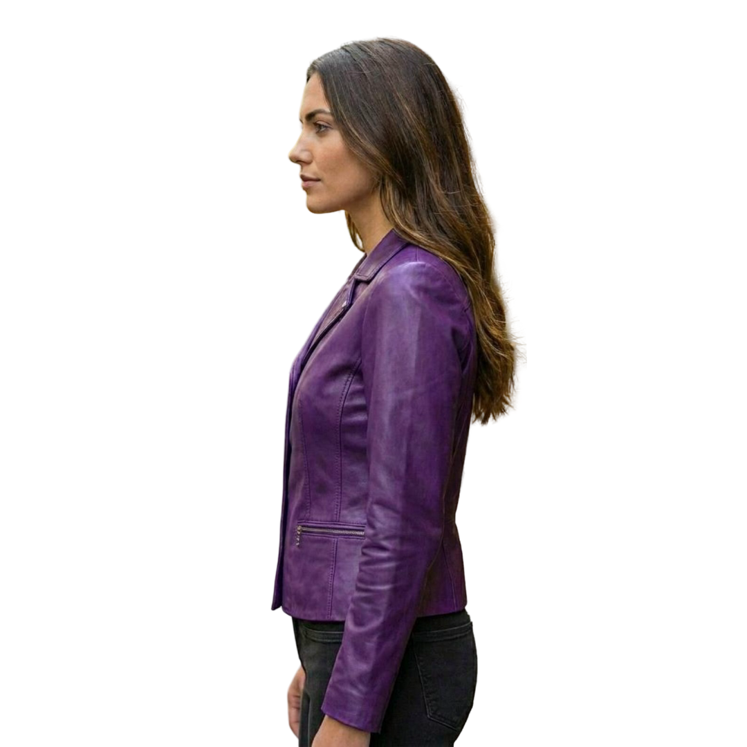 Side profile of women purple leather blazer jacket tailored fit