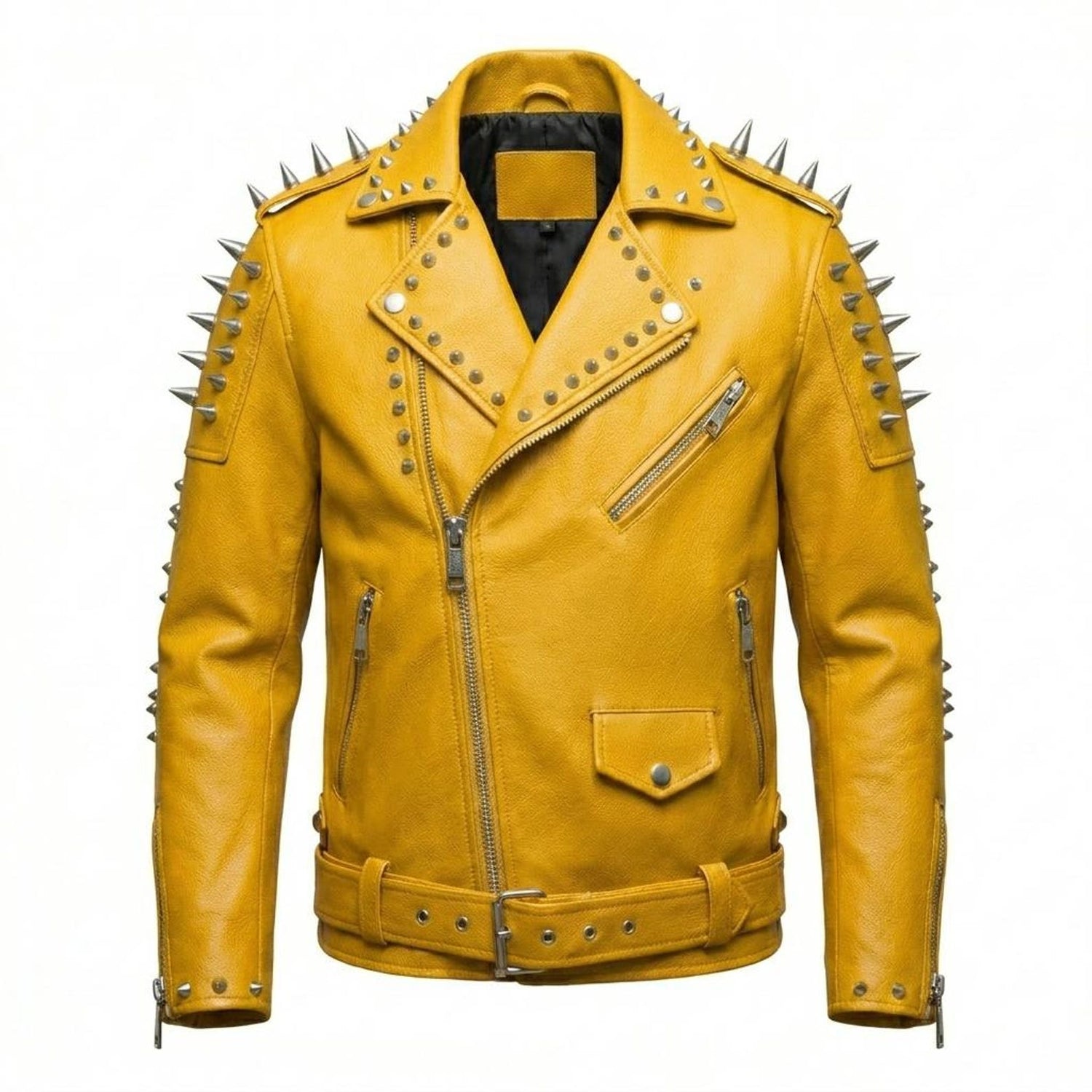 Front view of yellow spiked moto leather jacket with dragon back patch