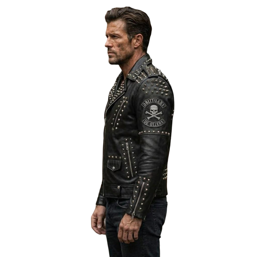 Side angle view of men genuine leather studded biker jacket