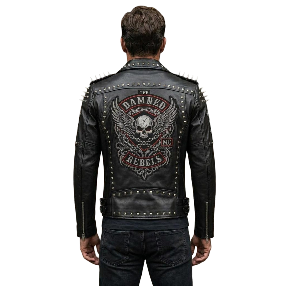  Back view of punk style black leather moto jacket for men