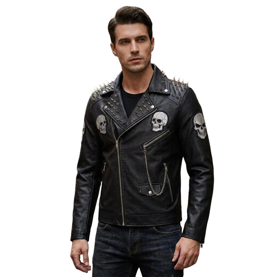 Front view of black studded spiked leather biker jacket with embroidery patch