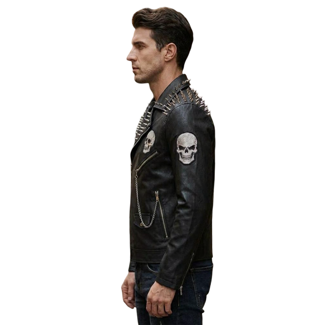Side profile of men black studded moto leather jacket