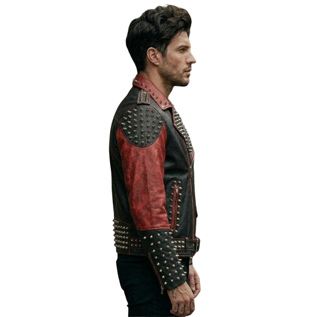 Side angle of black and red moto leather biker jacket with metal spikes
