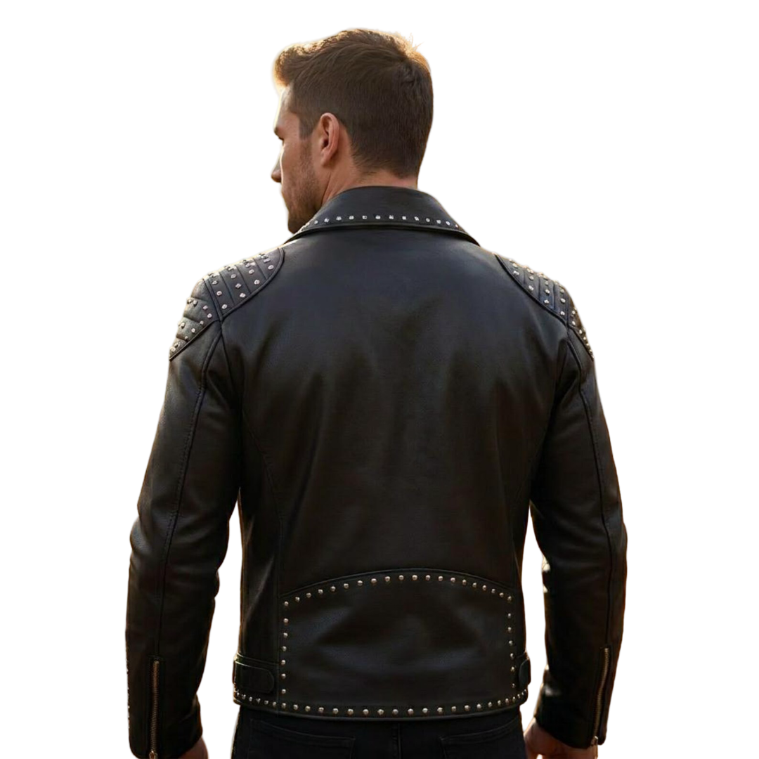 Back view of black studded leather moto jacket for men