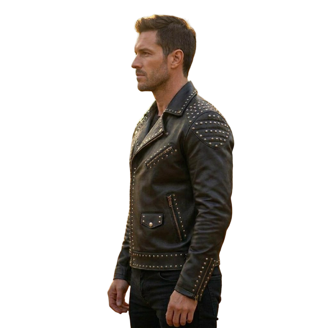 Side angle of genuine leather studded moto jacket for men
