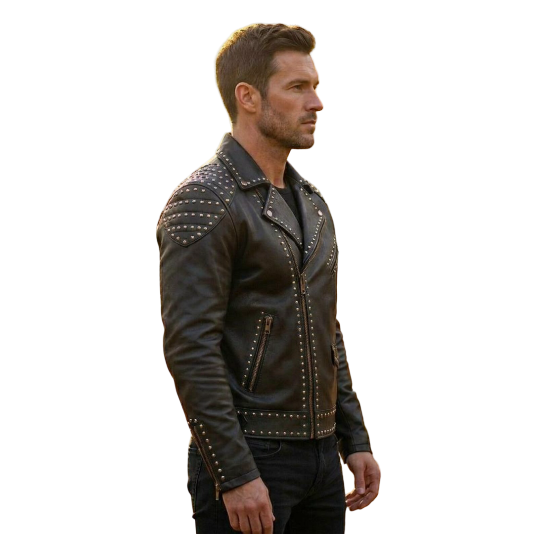 Side angle of genuine leather studded moto jacket for men