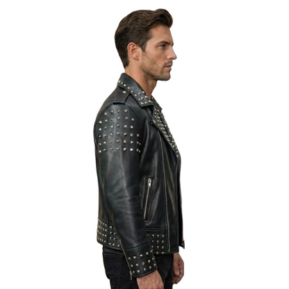 Side profile of cowhide studded leather biker jacket for men