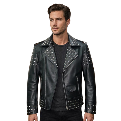 Front view of men studded leather biker jacket in black cowhide