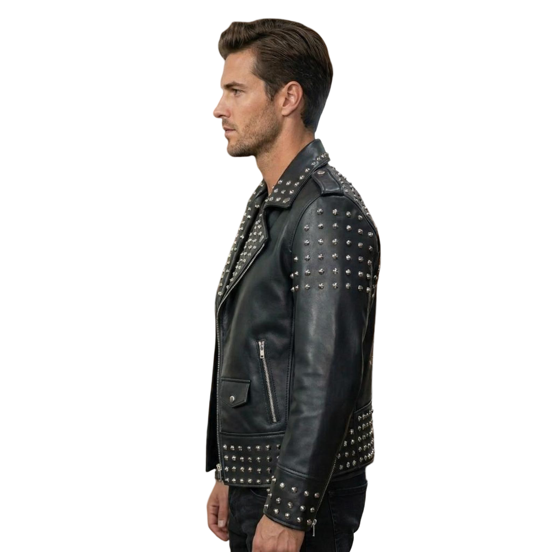 Side profile of cowhide studded leather biker jacket for men
