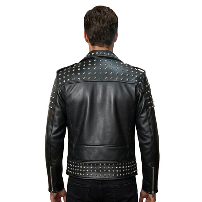 Back view of men gothic motorcycle leather coat with stud detail
