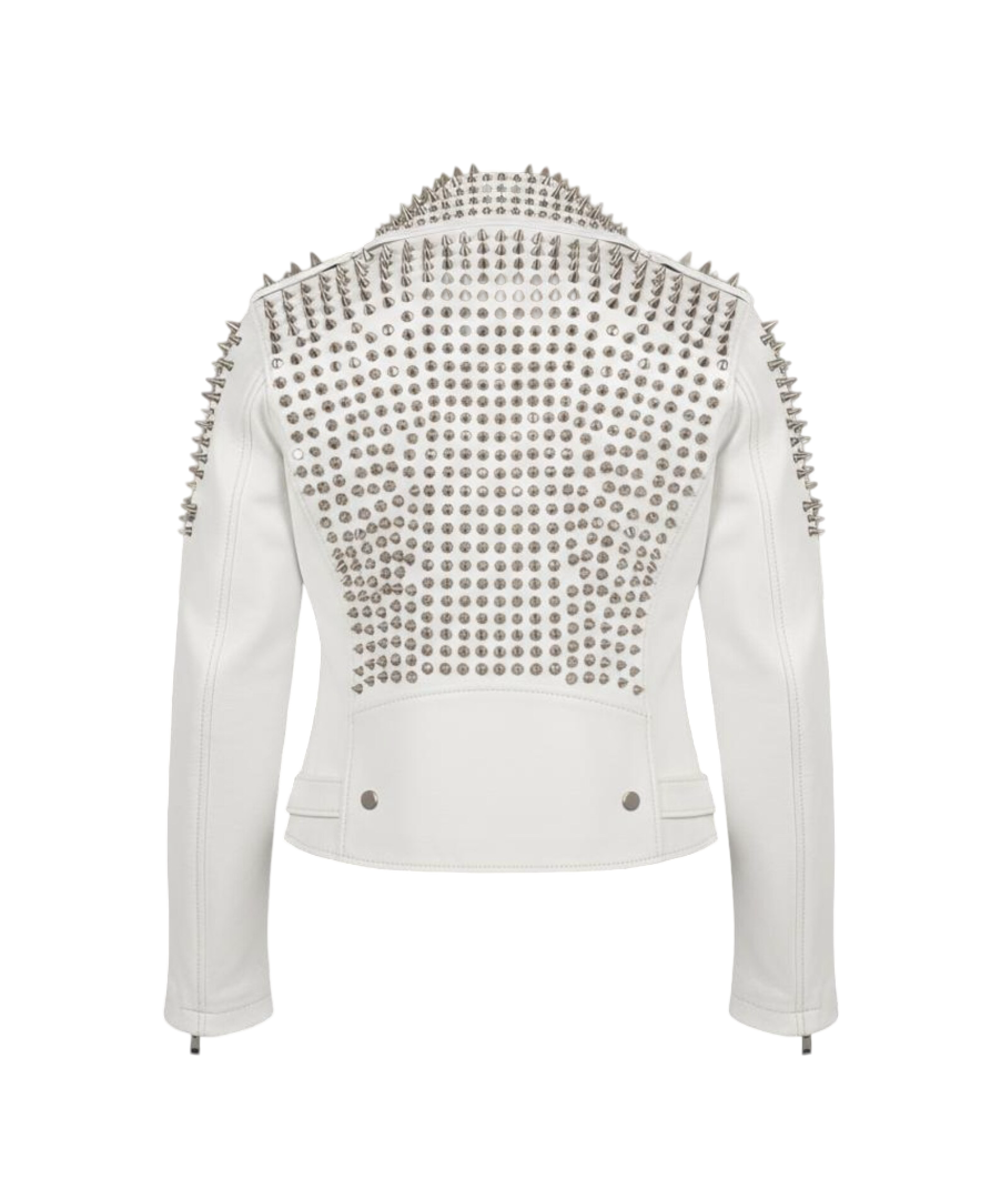  Back side of white studded leather biker jacket with punk rock style