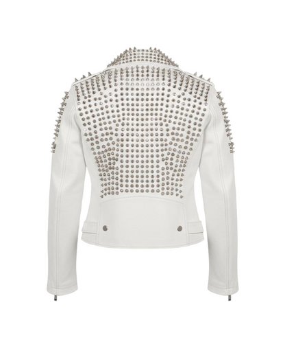  Back side of white studded leather biker jacket with punk rock style