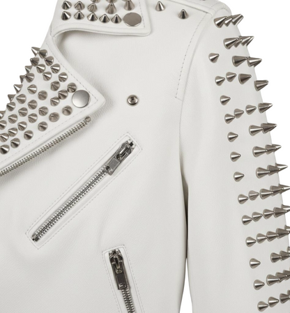  Close up detail of silver studs on white leather biker jacket