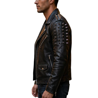 Side profile fit of men black leather moto jacket